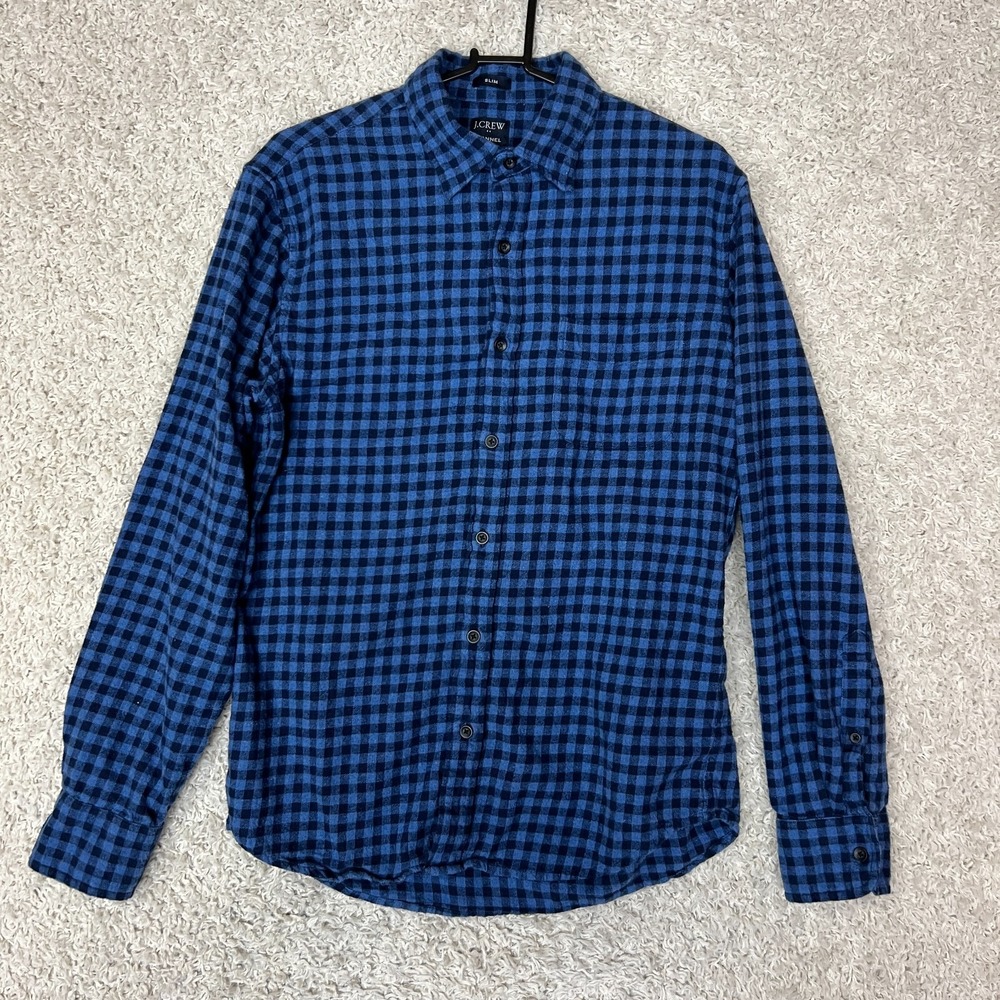 J Crew Flannel Shirt Mens Medium Slim Blue Check Preppy Business Casual